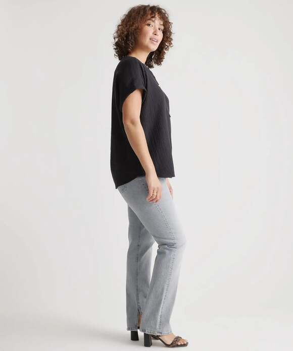 Quince 100% Organic Cotton Gauze Roll Sleeve Shirt in Black size S - Picture 3 of 7